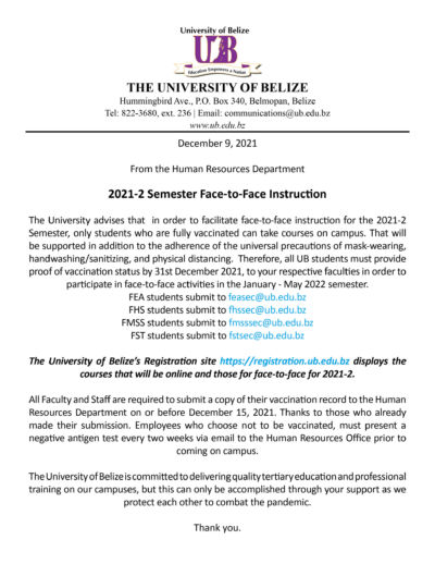 IMPORTANT NOTICE: 2021-2 Semester Face-to-Face Instruction