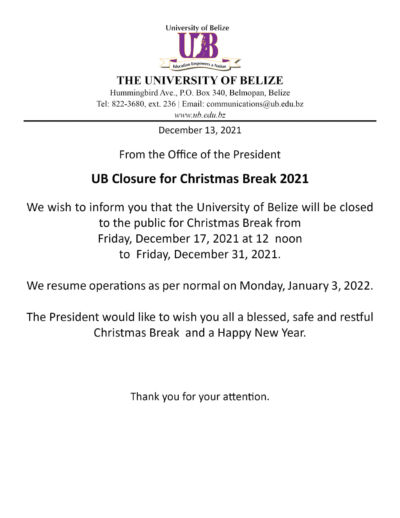 NOTICE – UB Closure for Christmas Break 2021