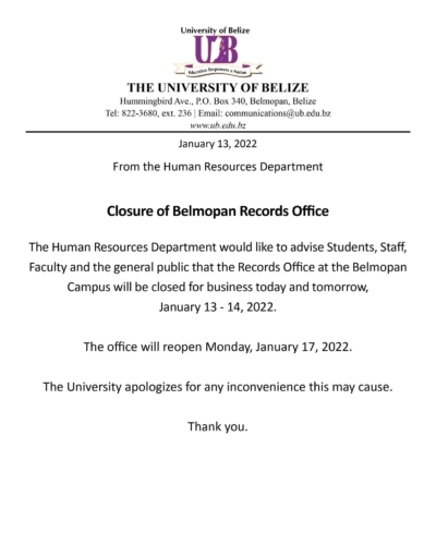 NOTICE – Closure of Belmopan Records Office (Today & Tomorrow)