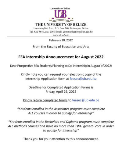 FEA Internship Announcement for August 2022