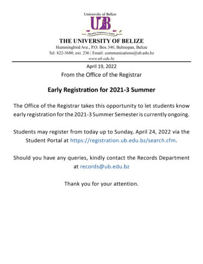 Important Notice – Early Registration for 2021-3 Summer Semester